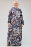 22008 Büyük Beden Kolu Lastikli Elbise - Lacivert Kiremit Desenli